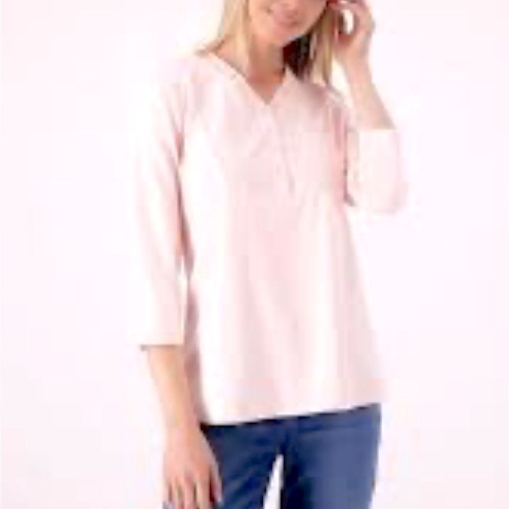 Isaac Mizarahi Ruffle v neck half placket cotton modal pink top size M